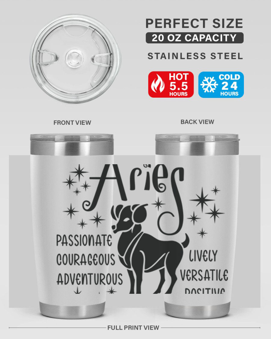 Aries 93# Tumbler in stainless steel with a sleek design, featuring a press-in lid and vibrant zodiac print.