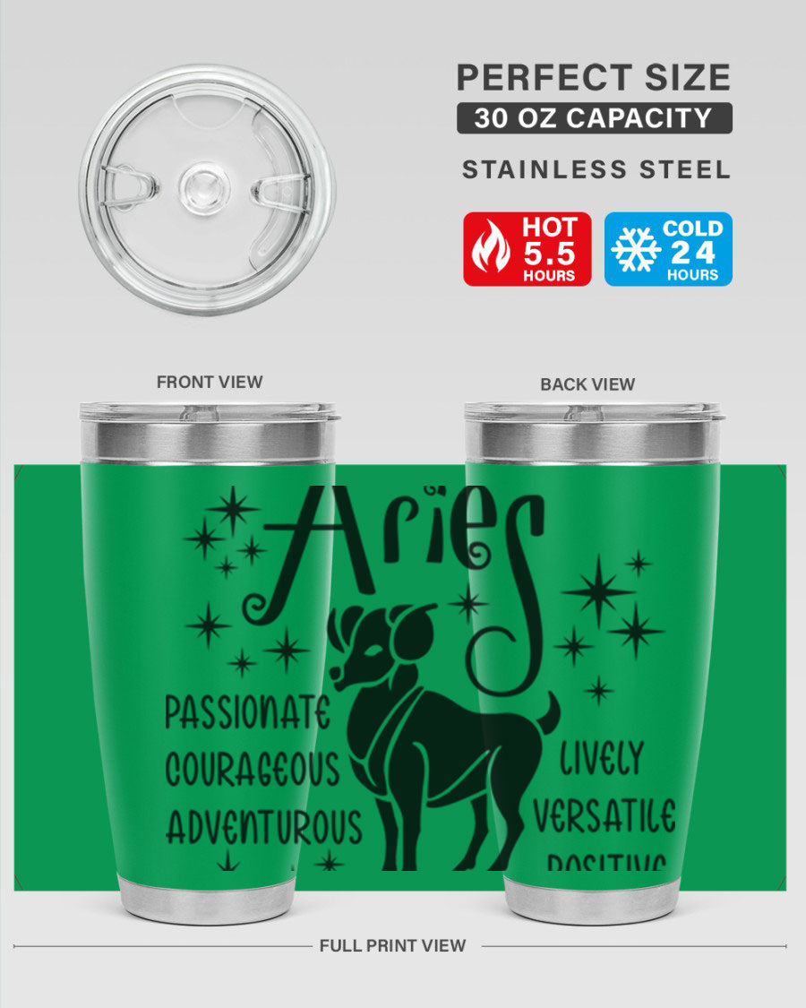 Aries 93# Tumbler in stainless steel with a sleek design, featuring a press-in lid and vibrant zodiac print.