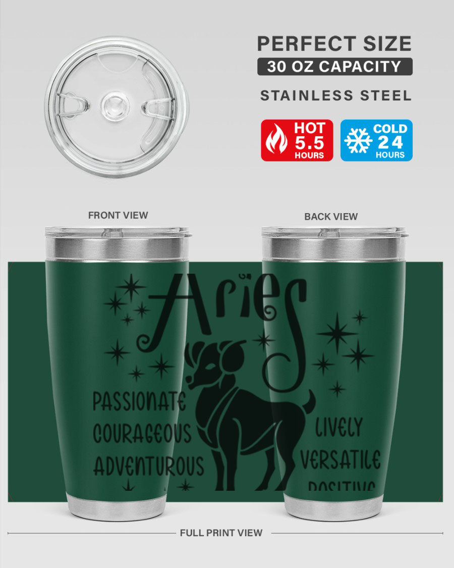 Aries 93# Tumbler in stainless steel with a sleek design, featuring a press-in lid and vibrant zodiac print.