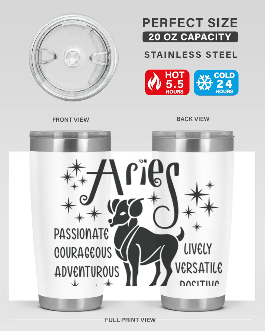 Aries 93# Tumbler in stainless steel with a sleek design, featuring a press-in lid and vibrant zodiac print.