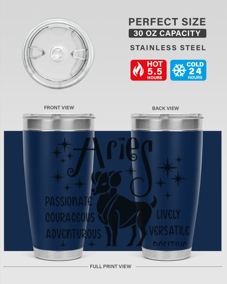 Aries 93# Tumbler in stainless steel with a sleek design, featuring a press-in lid and vibrant zodiac print.