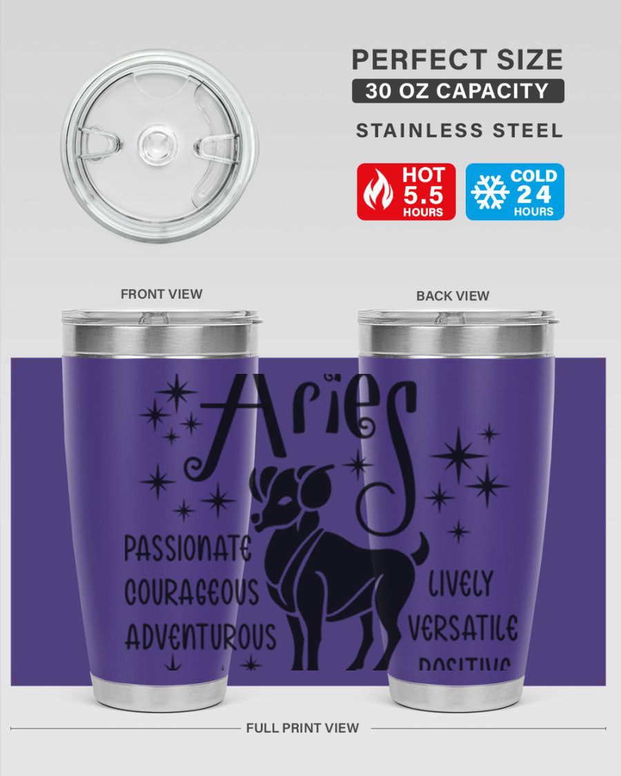 Aries 93# Tumbler in stainless steel with a sleek design, featuring a press-in lid and vibrant zodiac print.