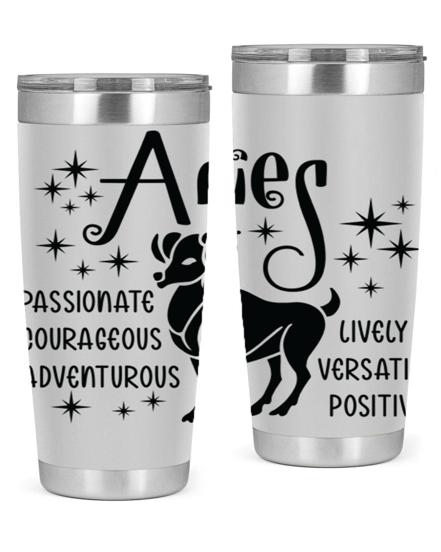 Aries 93# Tumbler in stainless steel with a sleek design, featuring a press-in lid and vibrant zodiac print.