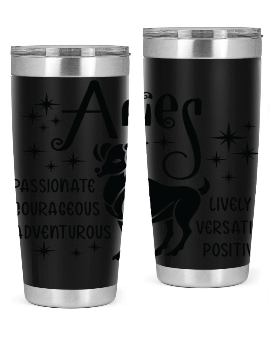 Aries 93# Tumbler in stainless steel with a sleek design, featuring a press-in lid and vibrant zodiac print.