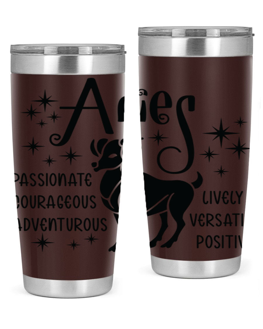 Aries 93# Tumbler in stainless steel with a sleek design, featuring a press-in lid and vibrant zodiac print.