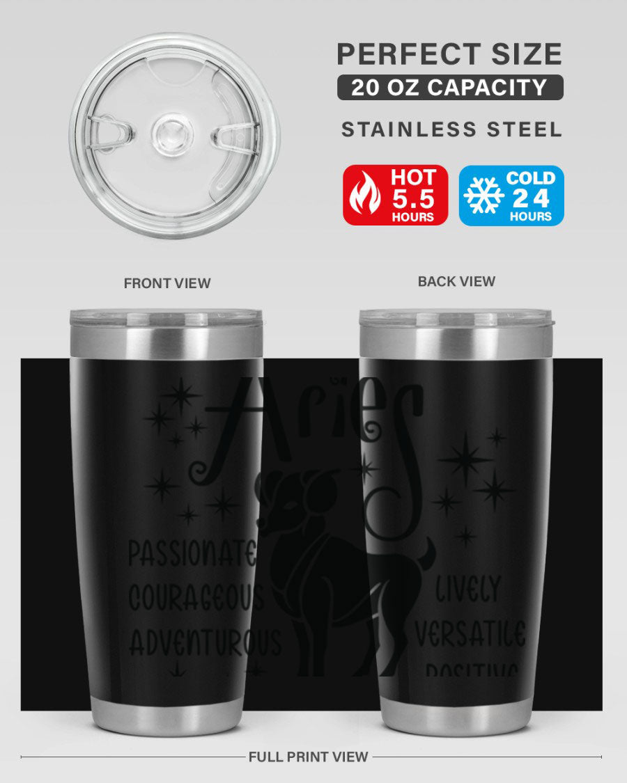 Aries 93# Tumbler in stainless steel with a sleek design, featuring a press-in lid and vibrant zodiac print.