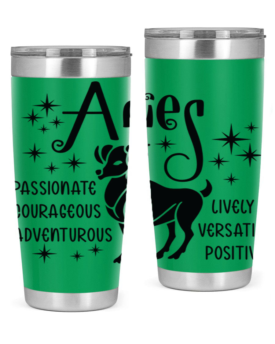 Aries 93# Tumbler in stainless steel with a sleek design, featuring a press-in lid and vibrant zodiac print.