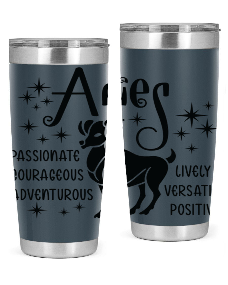 Aries 93# Tumbler in stainless steel with a sleek design, featuring a press-in lid and vibrant zodiac print.