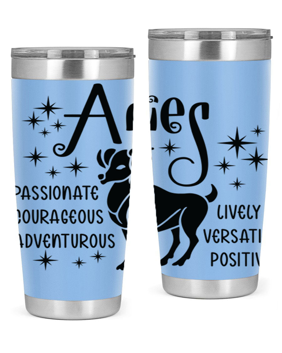 Aries 93# Tumbler in stainless steel with a sleek design, featuring a press-in lid and vibrant zodiac print.