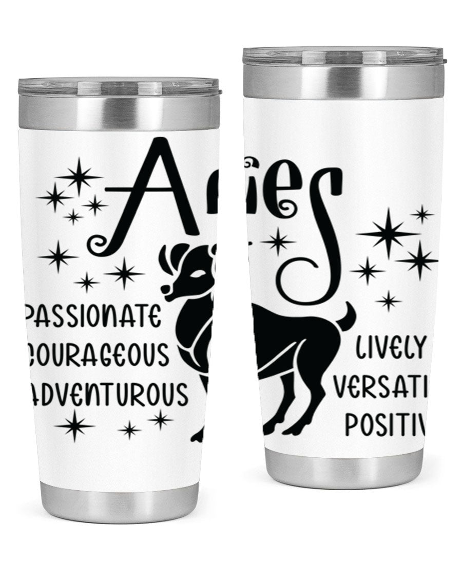 Aries 93# Tumbler in stainless steel with a sleek design, featuring a press-in lid and vibrant zodiac print.