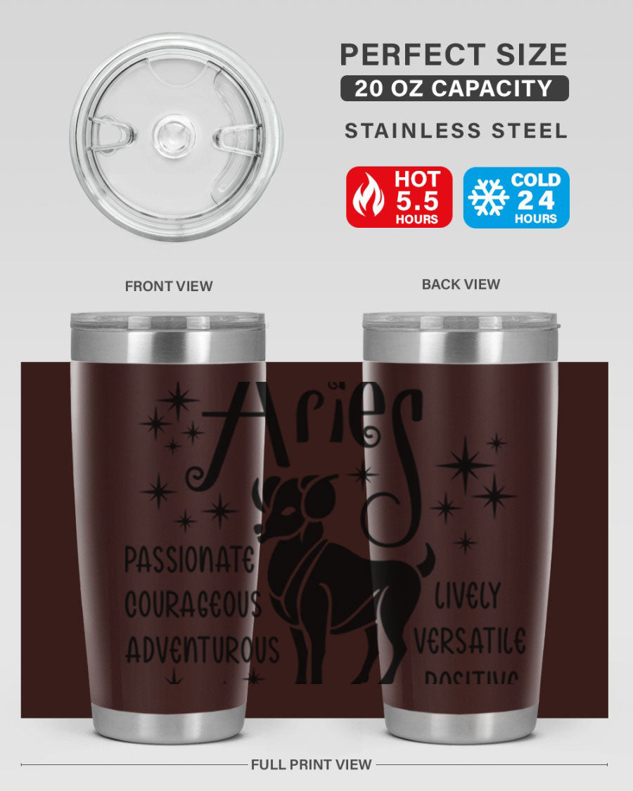 Aries 93# Tumbler in stainless steel with a sleek design, featuring a press-in lid and vibrant zodiac print.