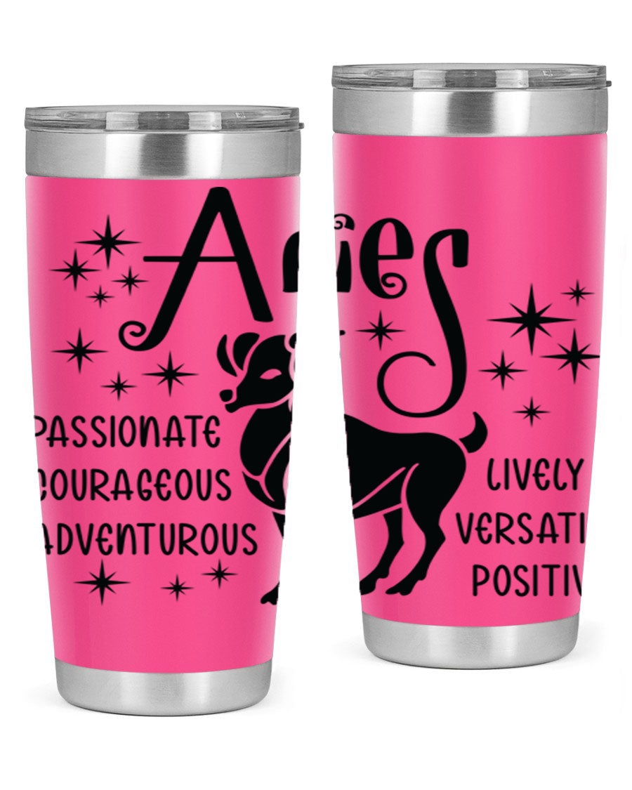 Aries 93# Tumbler in stainless steel with a sleek design, featuring a press-in lid and vibrant zodiac print.