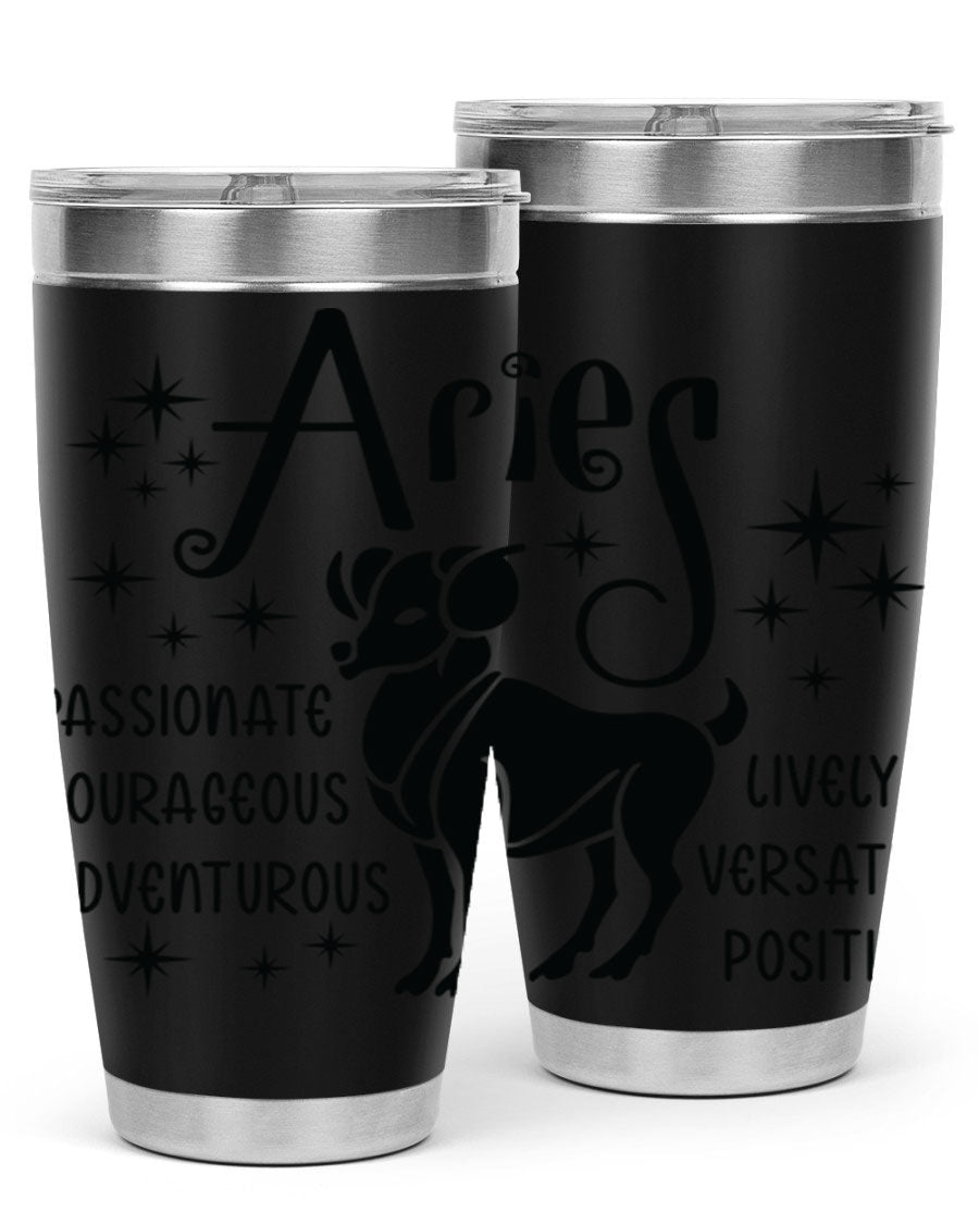 Aries 93# Tumbler in stainless steel with a sleek design, featuring a press-in lid and vibrant zodiac print.