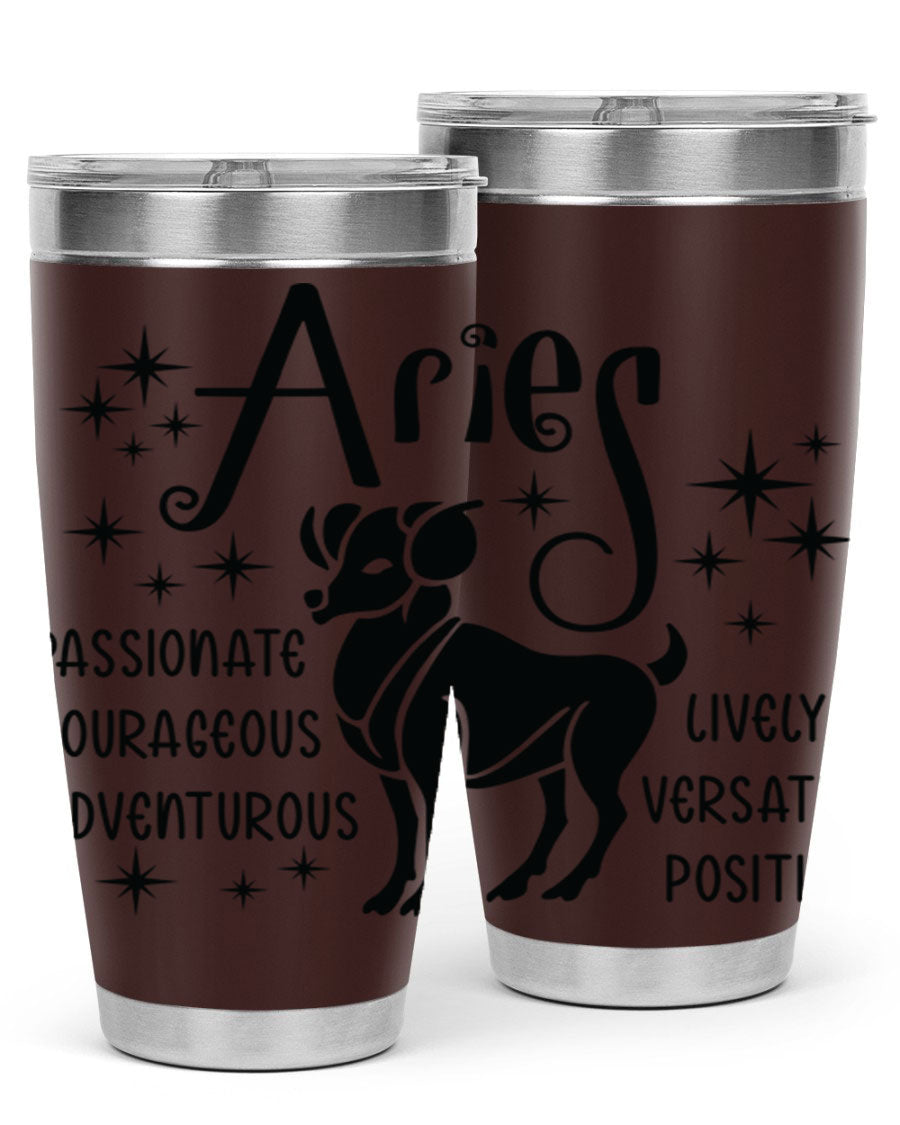 Aries 93# Tumbler in stainless steel with a sleek design, featuring a press-in lid and vibrant zodiac print.