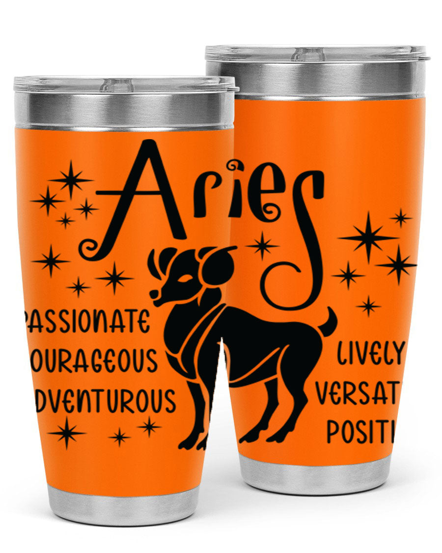 Aries 93# Tumbler in stainless steel with a sleek design, featuring a press-in lid and vibrant zodiac print.