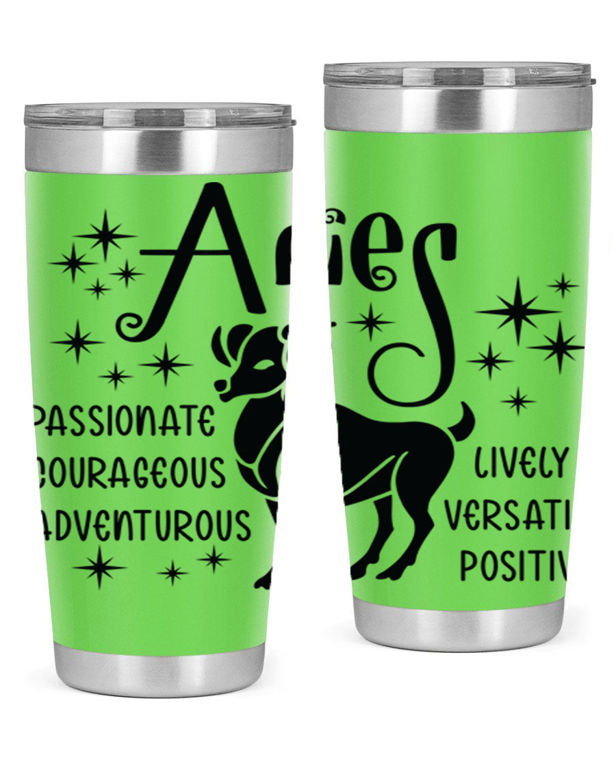 Aries 93# Tumbler in stainless steel with a sleek design, featuring a press-in lid and vibrant zodiac print.