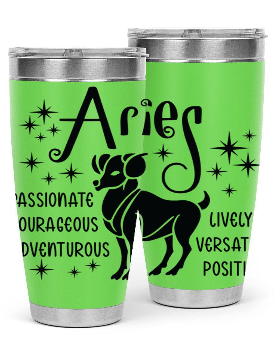 Aries 93# Tumbler in stainless steel with a sleek design, featuring a press-in lid and vibrant zodiac print.