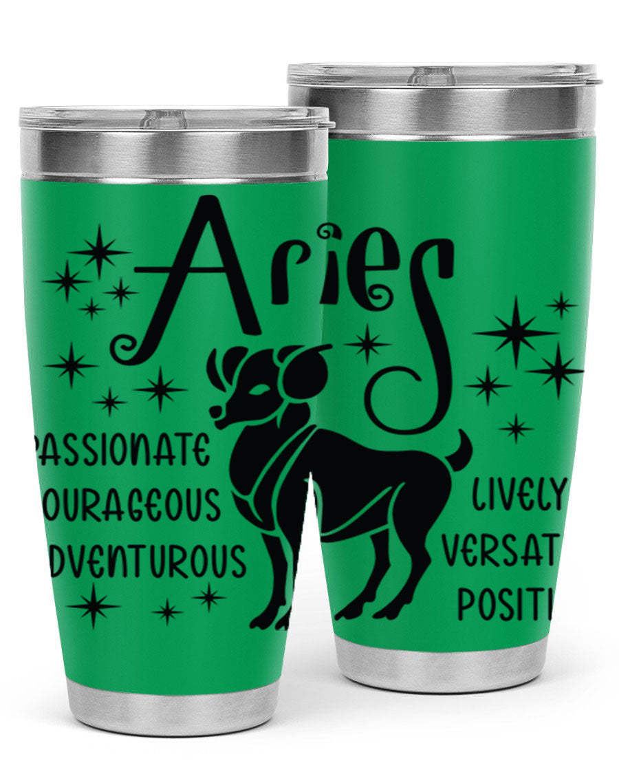 Aries 93# Tumbler in stainless steel with a sleek design, featuring a press-in lid and vibrant zodiac print.