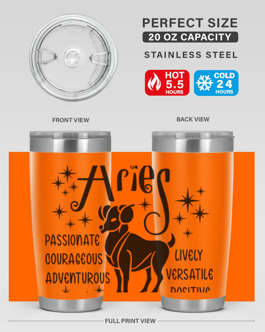 Aries 93# Tumbler in stainless steel with a sleek design, featuring a press-in lid and vibrant zodiac print.