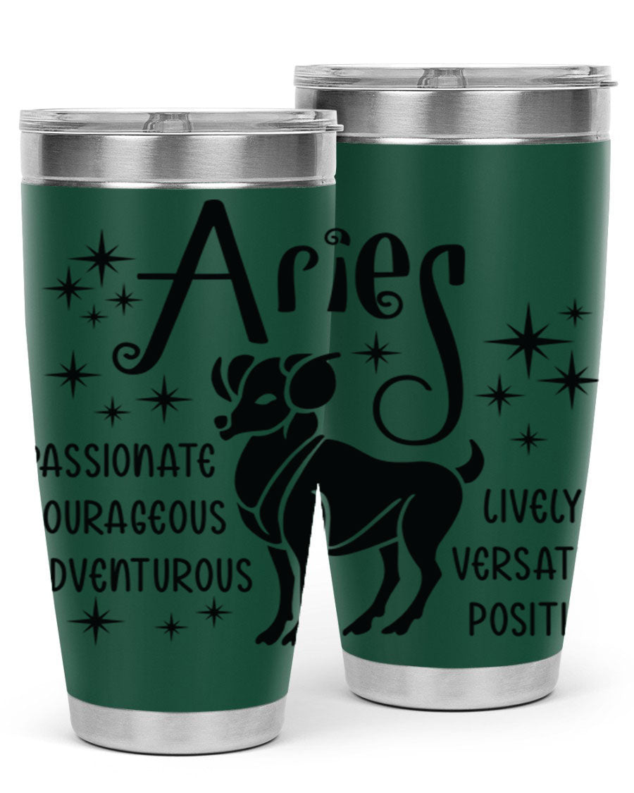 Aries 93# Tumbler in stainless steel with a sleek design, featuring a press-in lid and vibrant zodiac print.