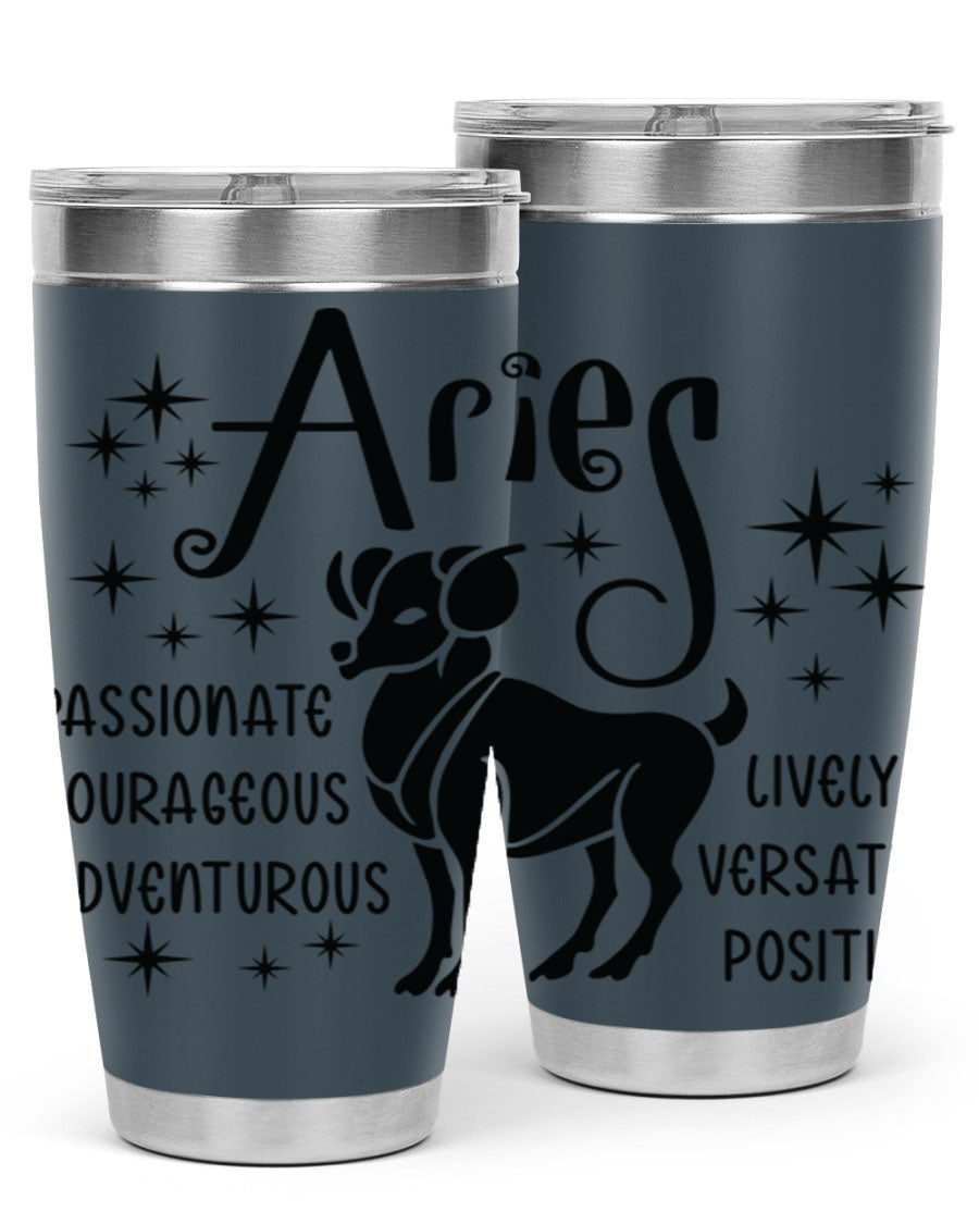 Aries 93# Tumbler in stainless steel with a sleek design, featuring a press-in lid and vibrant zodiac print.