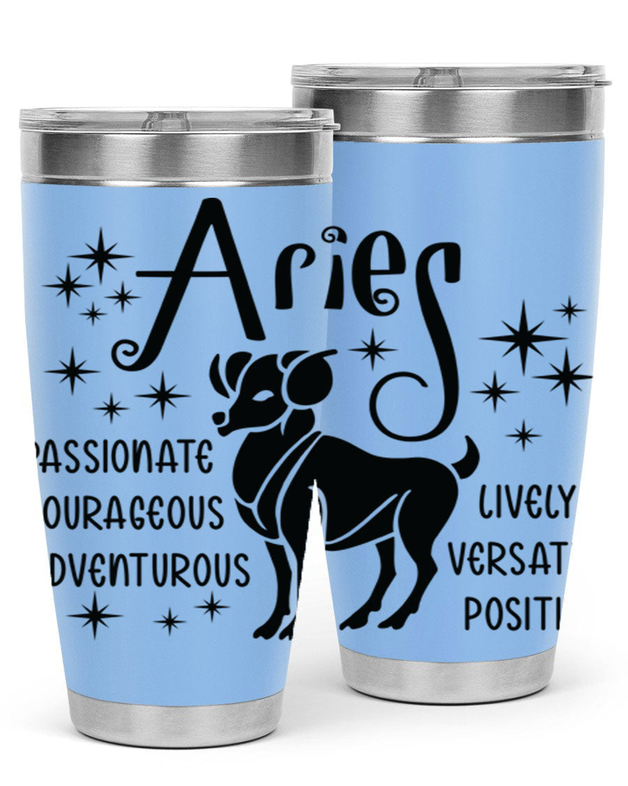 Aries 93# Tumbler in stainless steel with a sleek design, featuring a press-in lid and vibrant zodiac print.