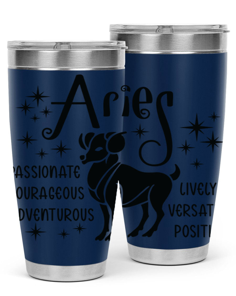 Aries 93# Tumbler in stainless steel with a sleek design, featuring a press-in lid and vibrant zodiac print.