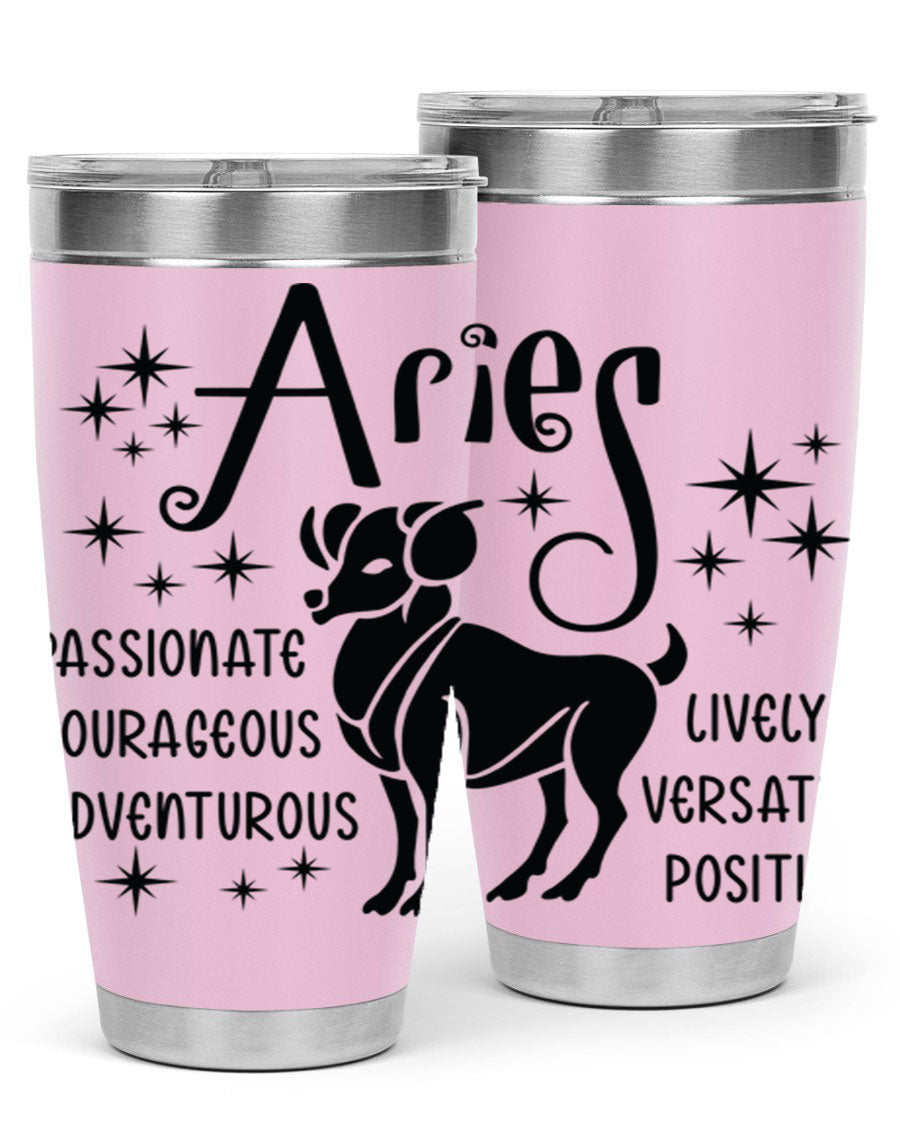 Aries 93# Tumbler in stainless steel with a sleek design, featuring a press-in lid and vibrant zodiac print.