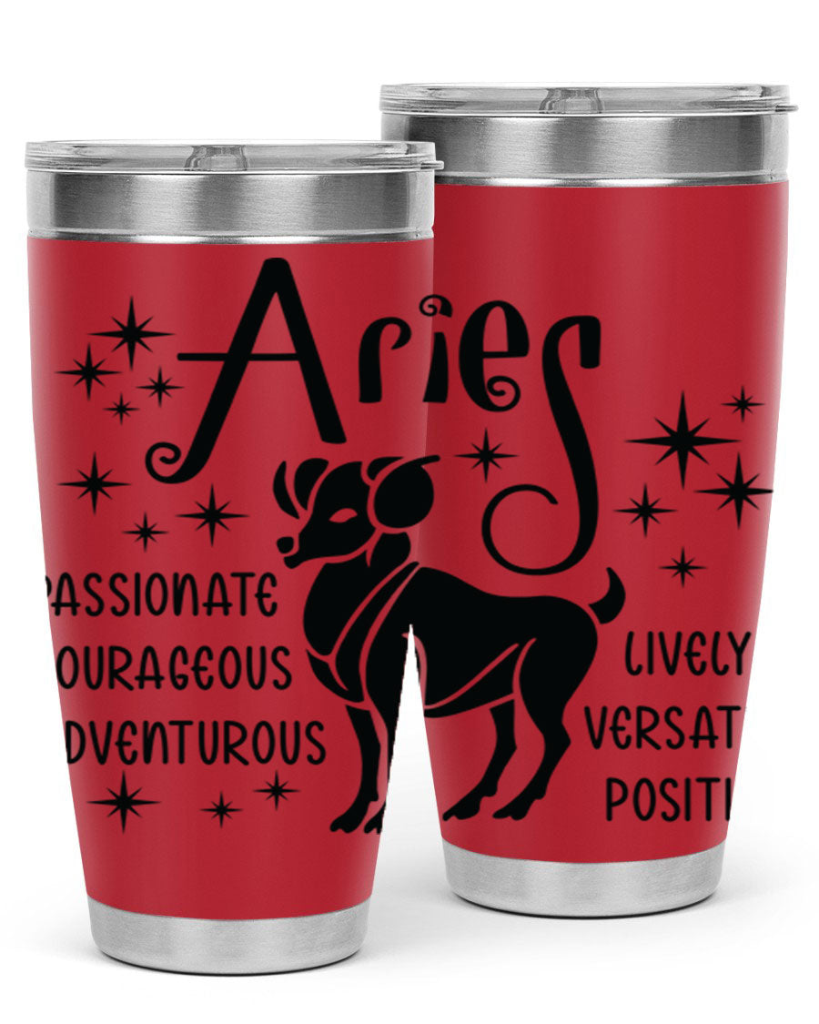 Aries 93# Tumbler in stainless steel with a sleek design, featuring a press-in lid and vibrant zodiac print.