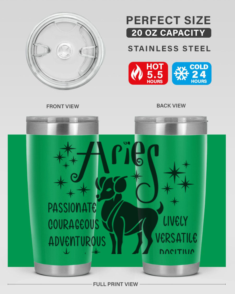 Aries 93# Tumbler in stainless steel with a sleek design, featuring a press-in lid and vibrant zodiac print.