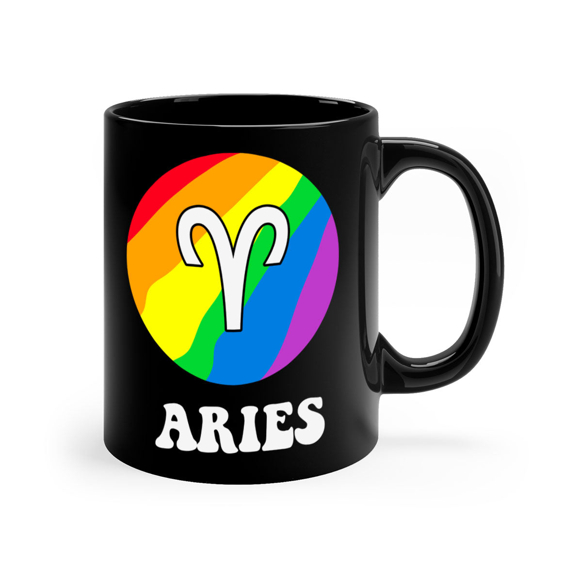 Aries LGBT Pride Mug with colorful handle and interior, showcasing a glossy finish.