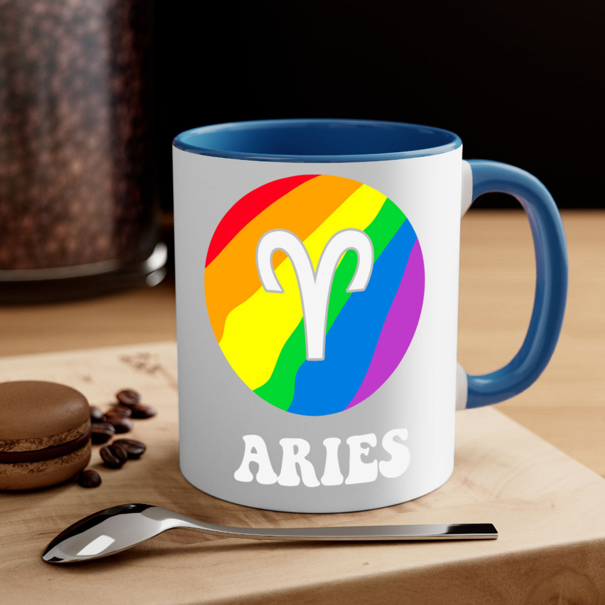 Aries LGBT Pride Mug with colorful handle and interior, showcasing a glossy finish.