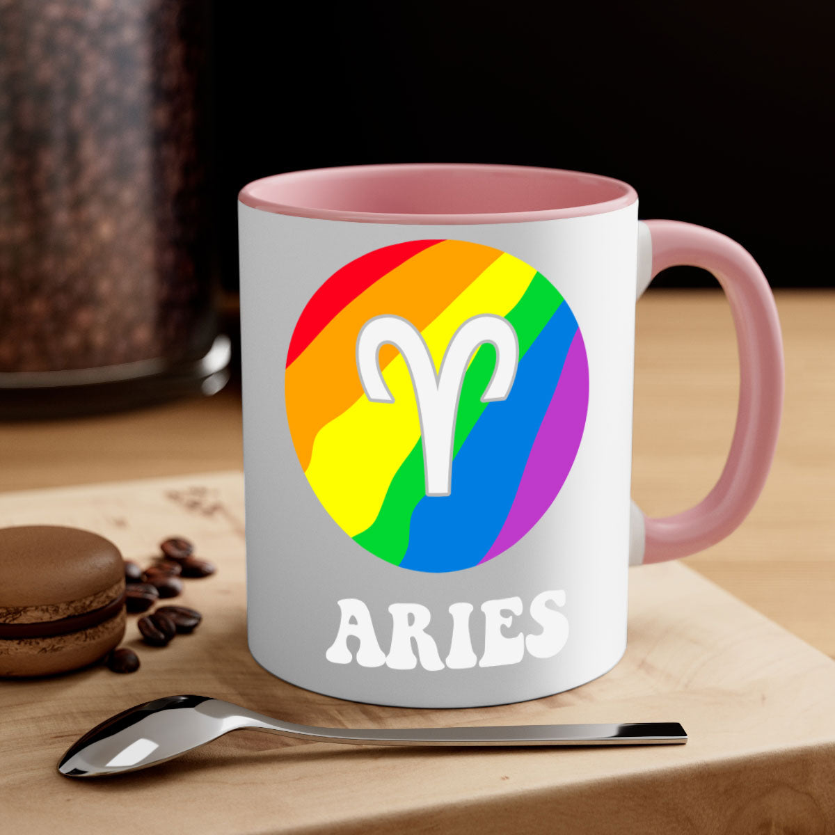 Aries LGBT Pride Mug with colorful handle and interior, showcasing a glossy finish.