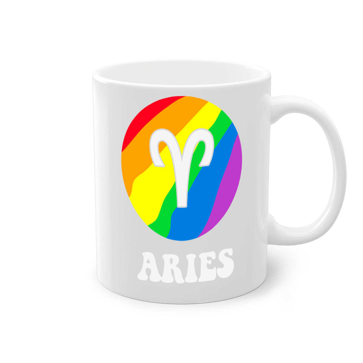 Aries LGBT Pride Mug with colorful handle and interior, showcasing a glossy finish.