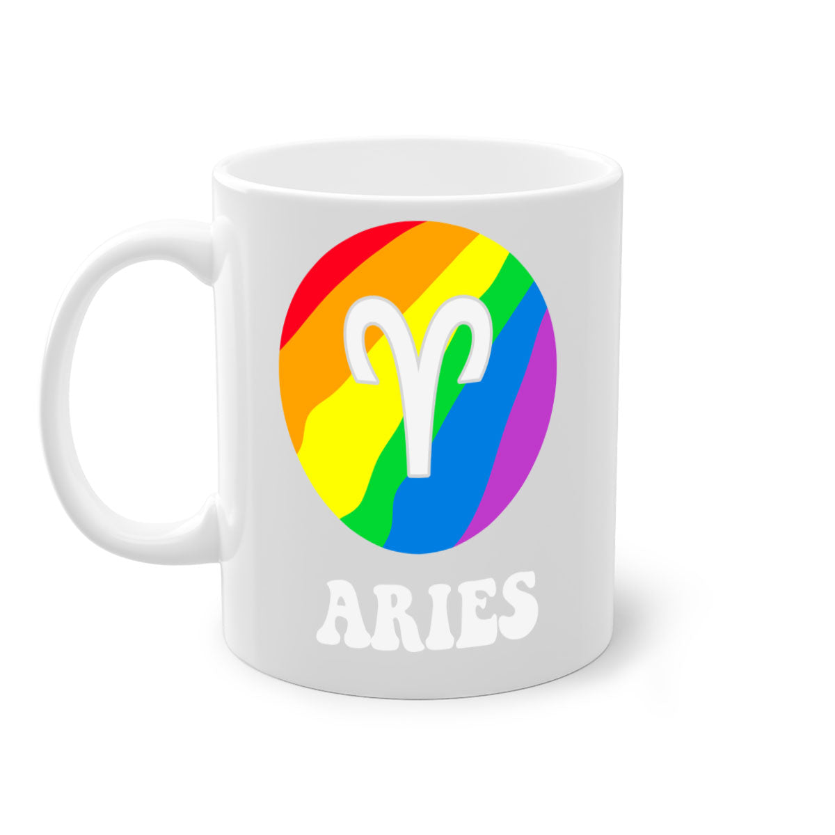 Aries LGBT Pride Mug with colorful handle and interior, showcasing a glossy finish.