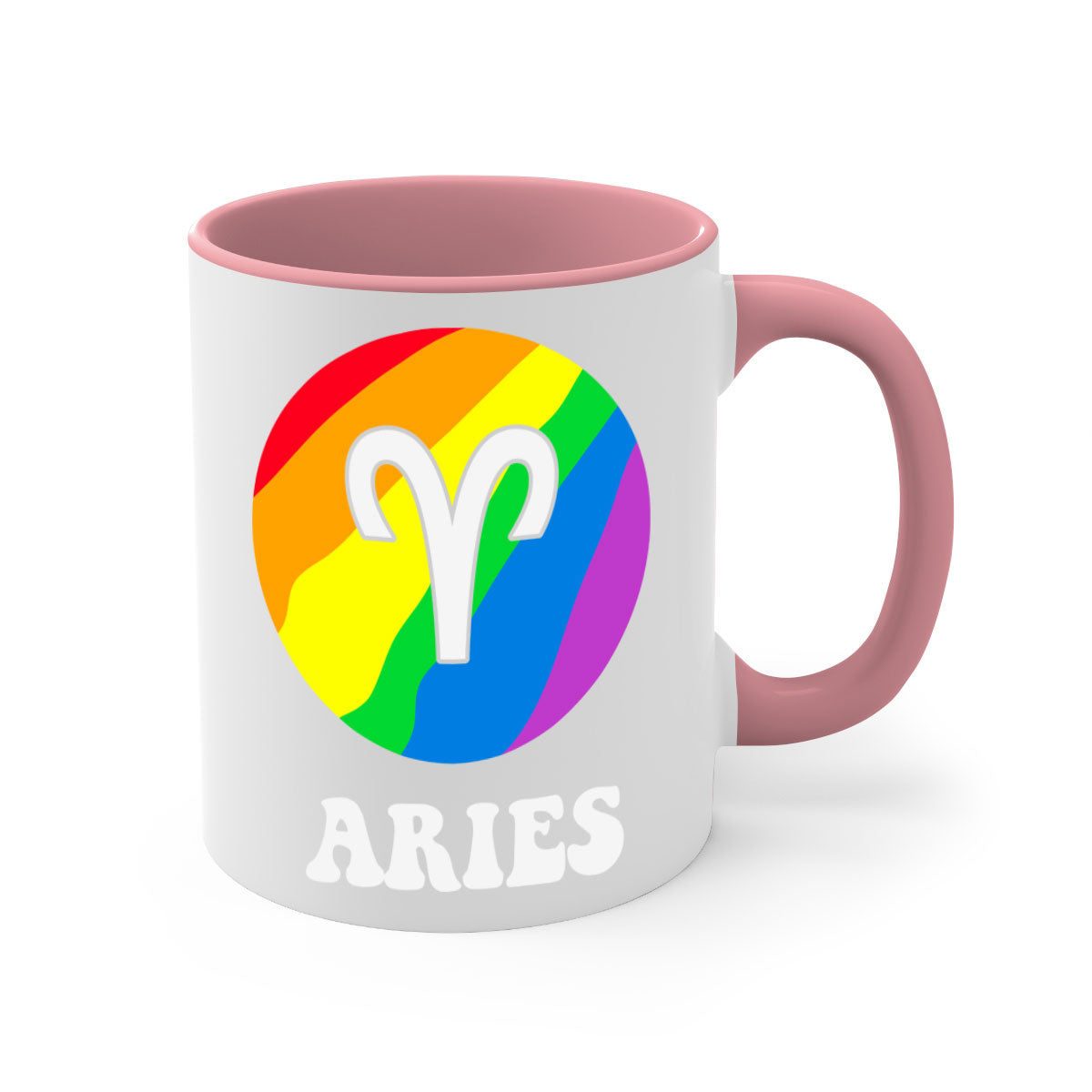 Aries LGBT Pride Mug with colorful handle and interior, showcasing a glossy finish.