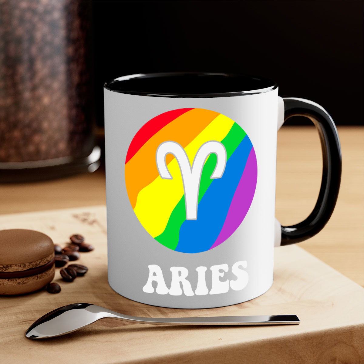 Aries LGBT Pride Mug with colorful handle and interior, showcasing a glossy finish.