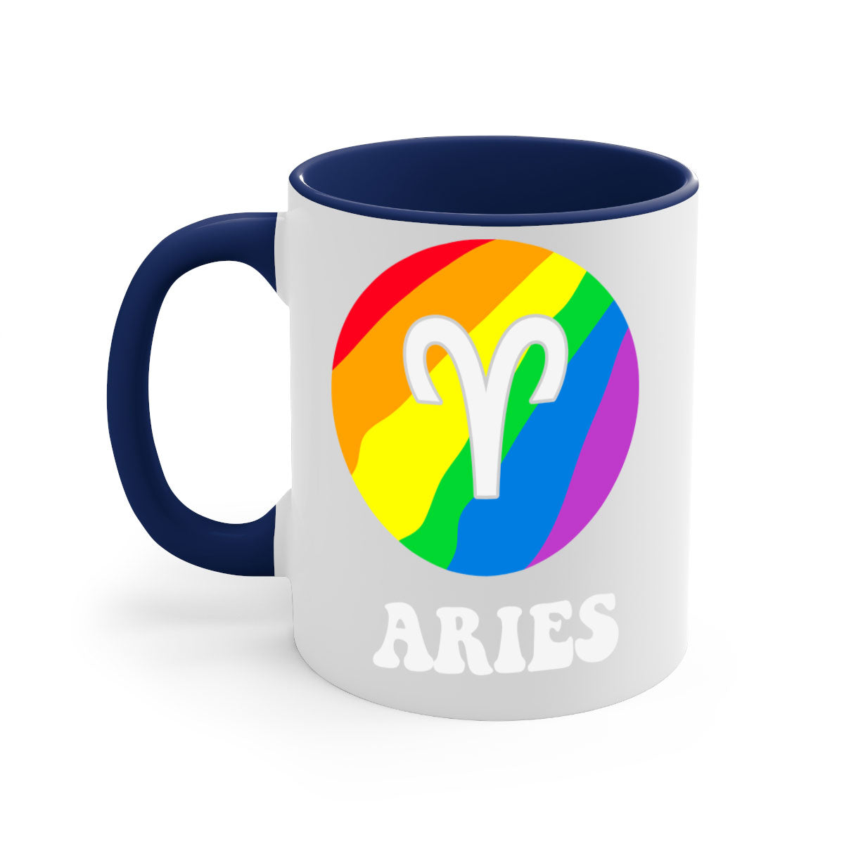 Aries LGBT Pride Mug with colorful handle and interior, showcasing a glossy finish.