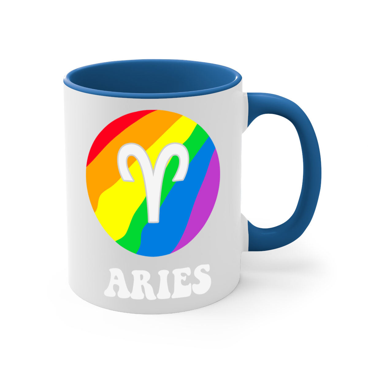 Aries LGBT Pride Mug with colorful handle and interior, showcasing a glossy finish.