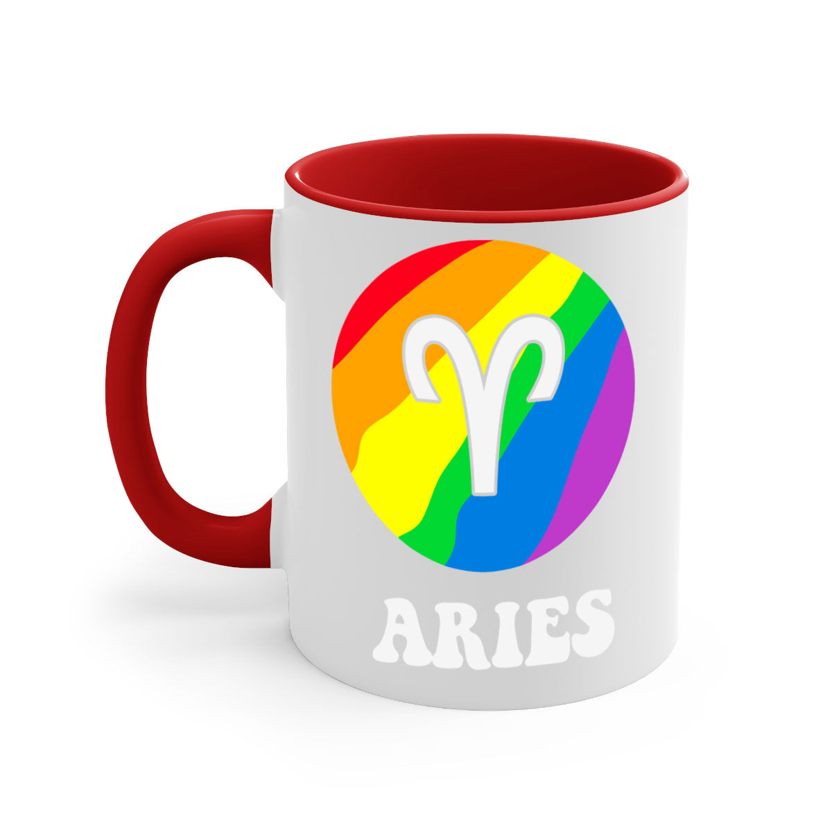 Aries LGBT Pride Mug with colorful handle and interior, showcasing a glossy finish.