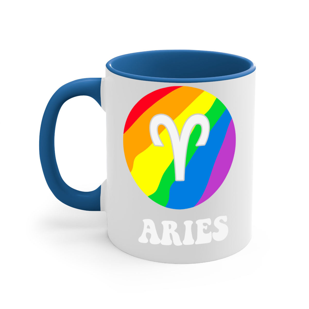 Aries LGBT Pride Mug with colorful handle and interior, showcasing a glossy finish.