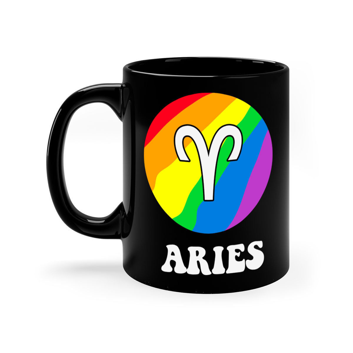 Aries LGBT Pride Mug with colorful handle and interior, showcasing a glossy finish.