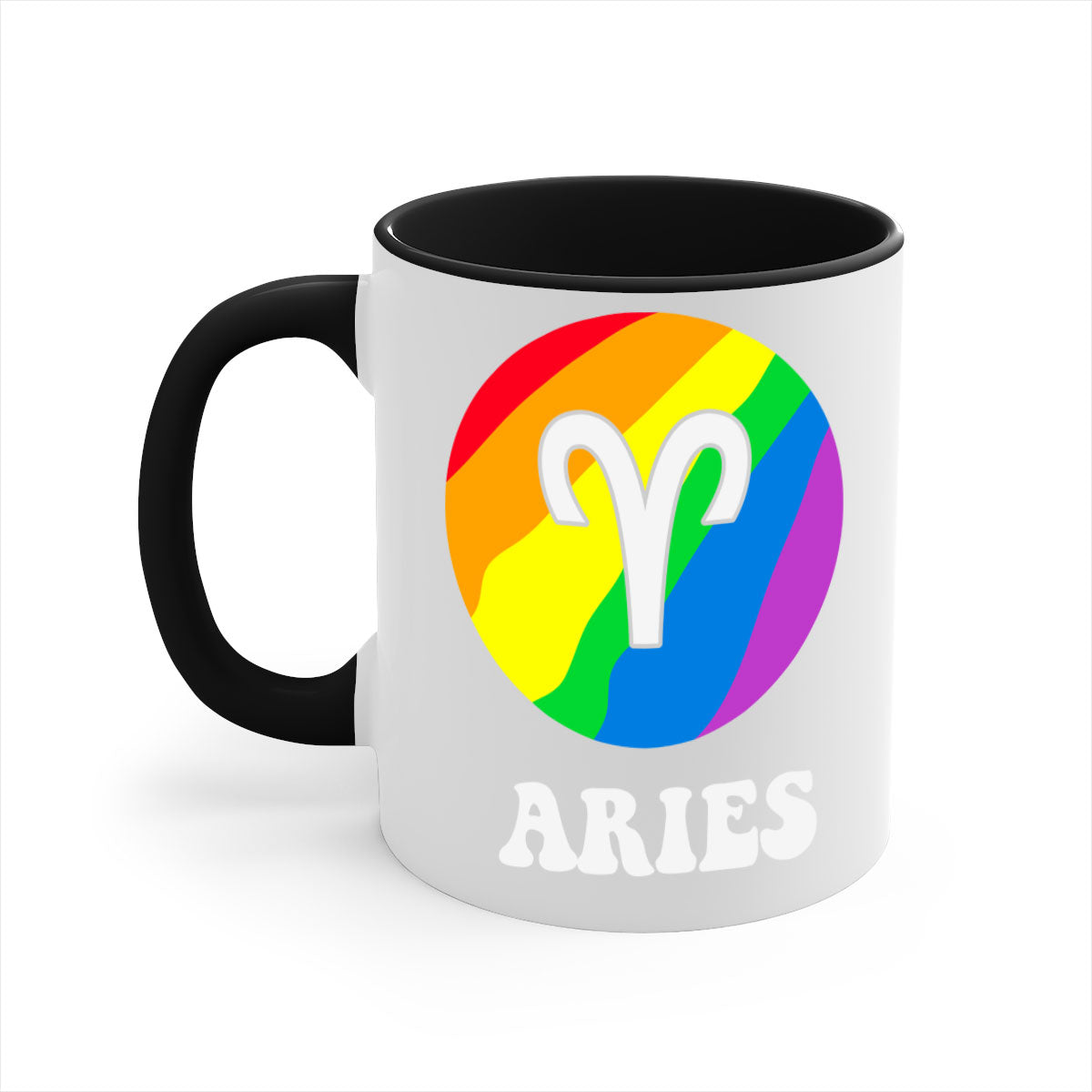 Aries LGBT Pride Mug with colorful handle and interior, showcasing a glossy finish.