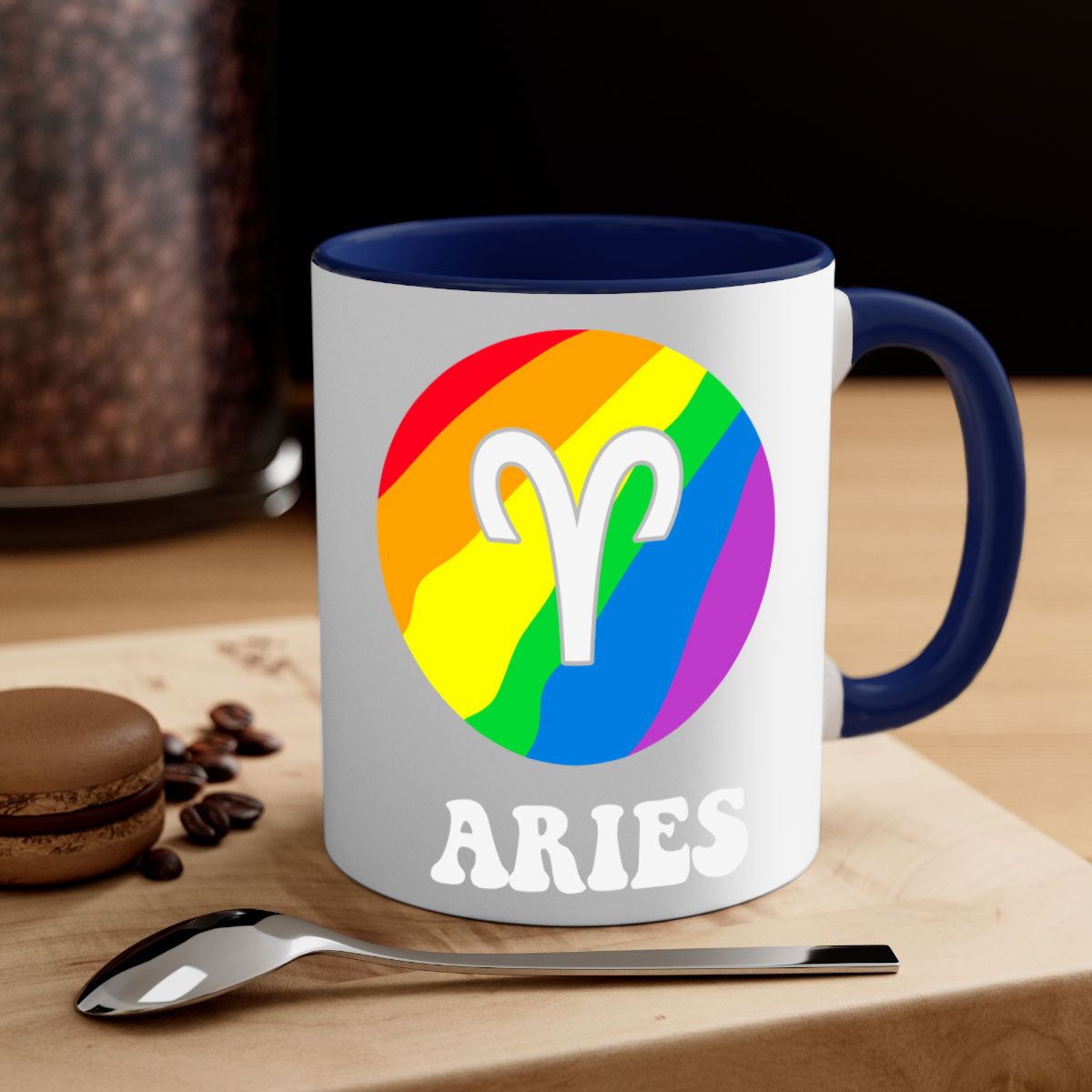 Aries LGBT Pride Mug with colorful handle and interior, showcasing a glossy finish.