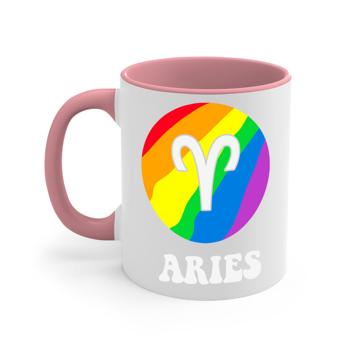 Aries LGBT Pride Mug with colorful handle and interior, showcasing a glossy finish.