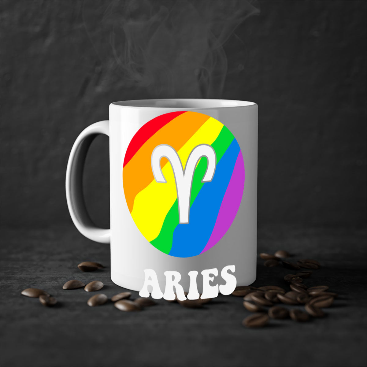 Aries LGBT Pride Mug with colorful handle and interior, showcasing a glossy finish.