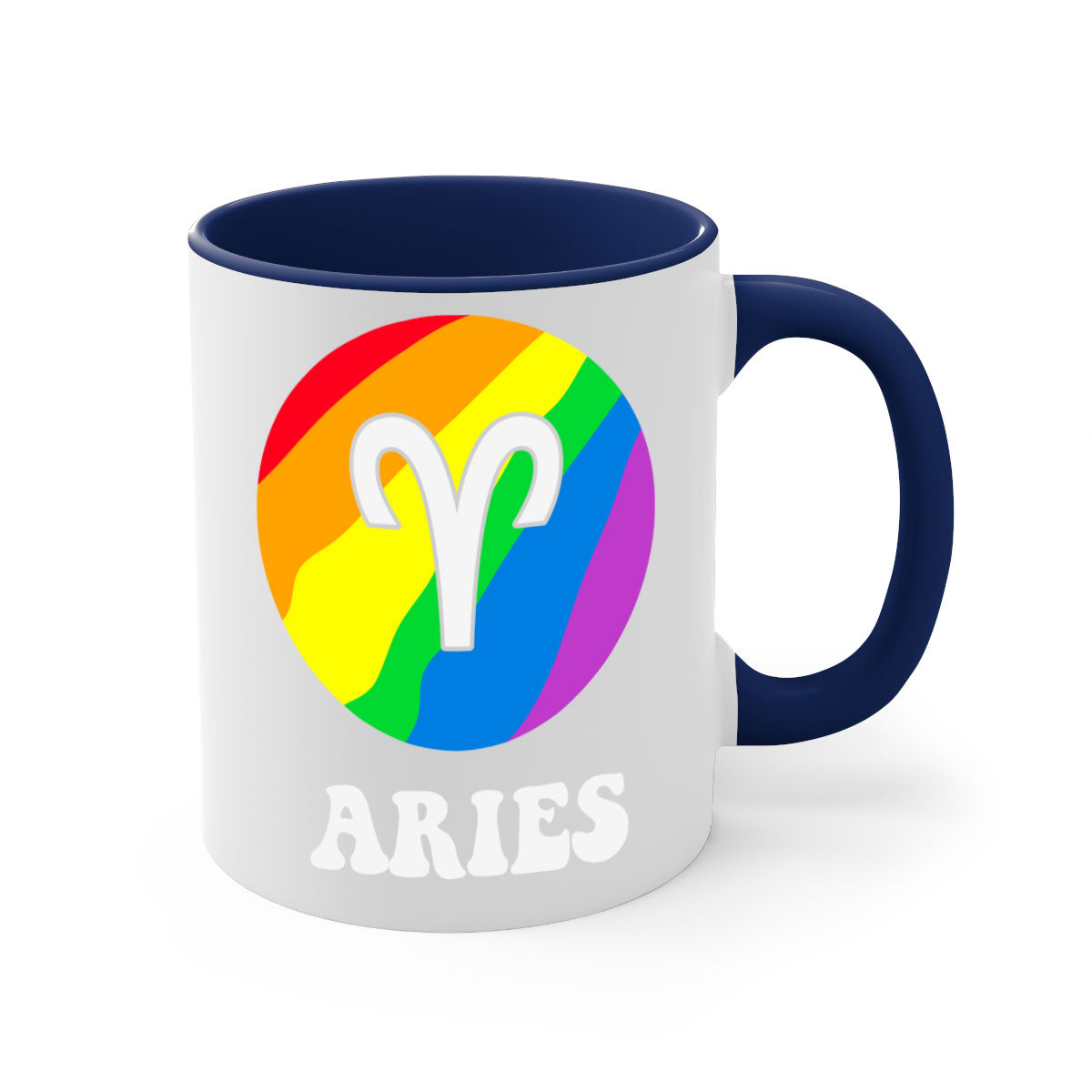 Aries LGBT Pride Mug with colorful handle and interior, showcasing a glossy finish.