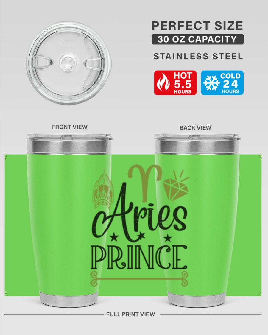 Aries Prince 113# Zodiac Tumbler in stainless steel with a sleek design, perfect for hot and cold beverages.