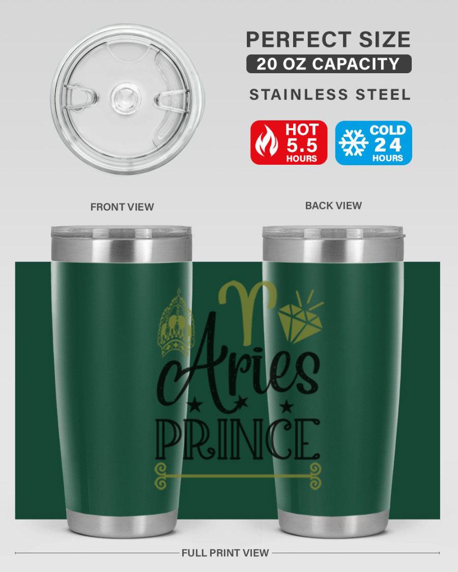 Aries Prince 113# Zodiac Tumbler in stainless steel with a sleek design, perfect for hot and cold beverages.