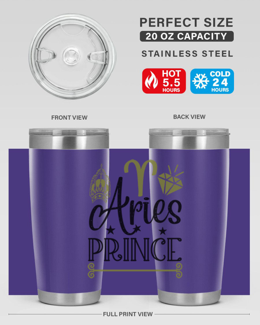 Aries Prince 113# Zodiac Tumbler in stainless steel with a sleek design, perfect for hot and cold beverages.